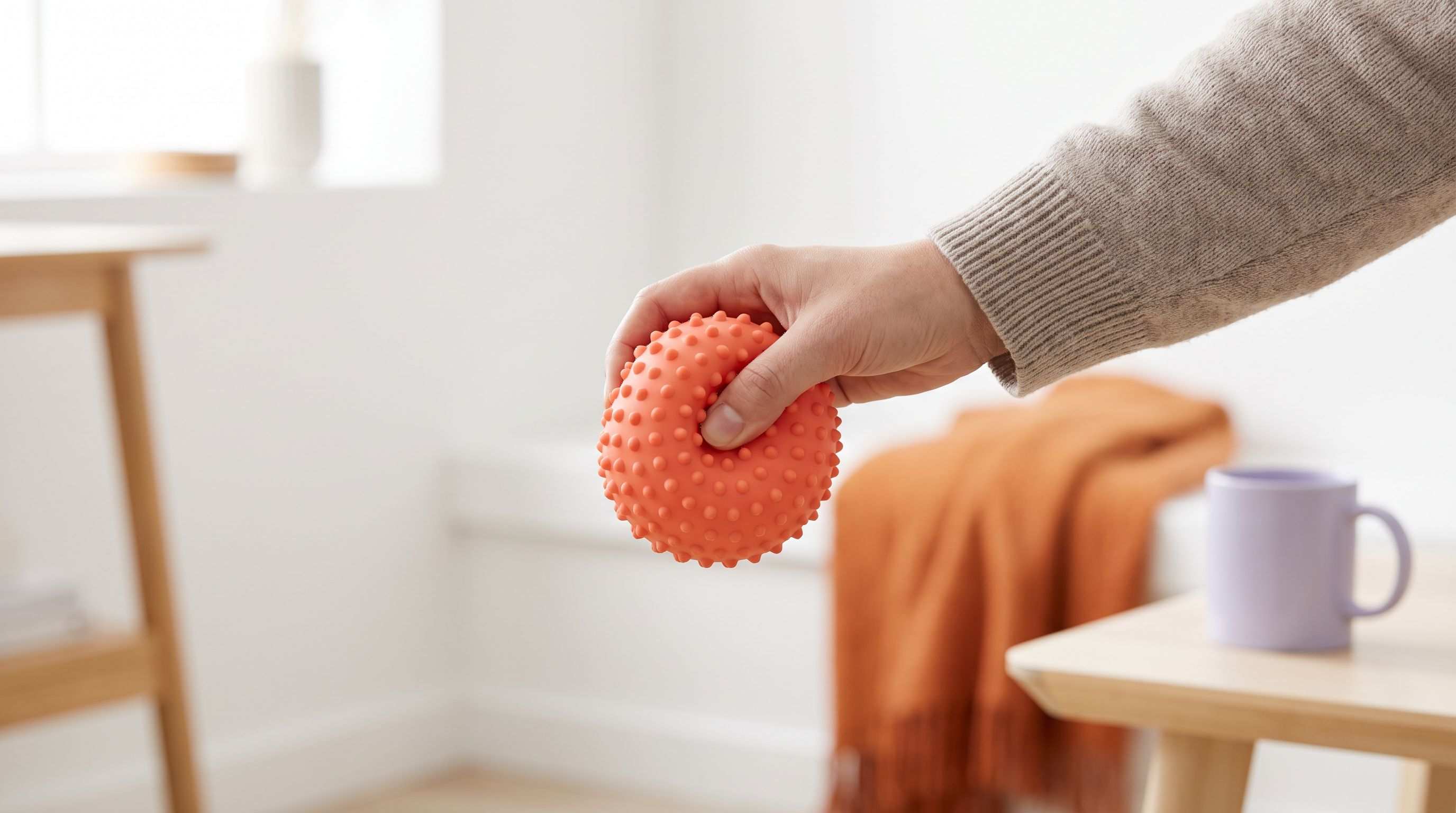 Balle sensorielle en silicone tenue dans une main